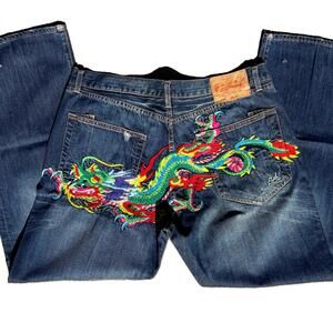 Ed Hardy “Dragon Back” Embroidered Jeans Y2K 40x34